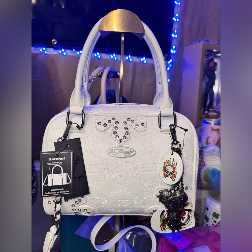 Ed Hardy White Embossed Satchel with Charm Accents NWT